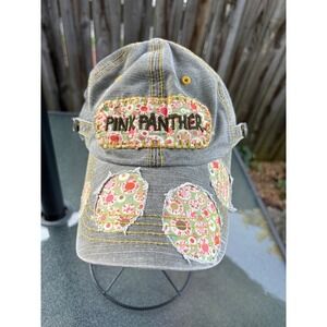 Pink Panther Distressed Grey Denim Floral Patchwork Baseball Cap Adjustable Hat